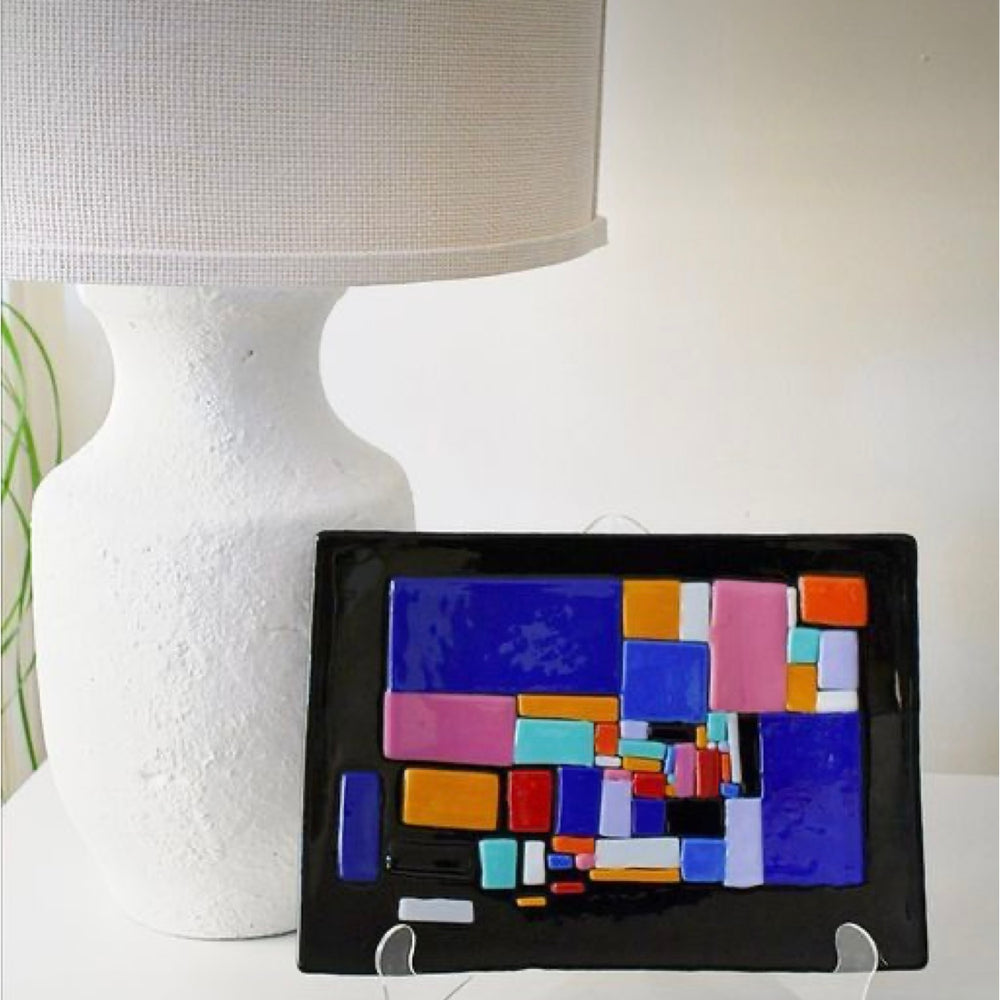 Black Colorful Geo Large Tray, kiln-fused glass