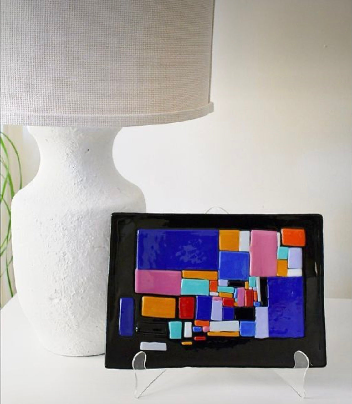 Black Colorful Geo Large Tray, kiln-fused glass