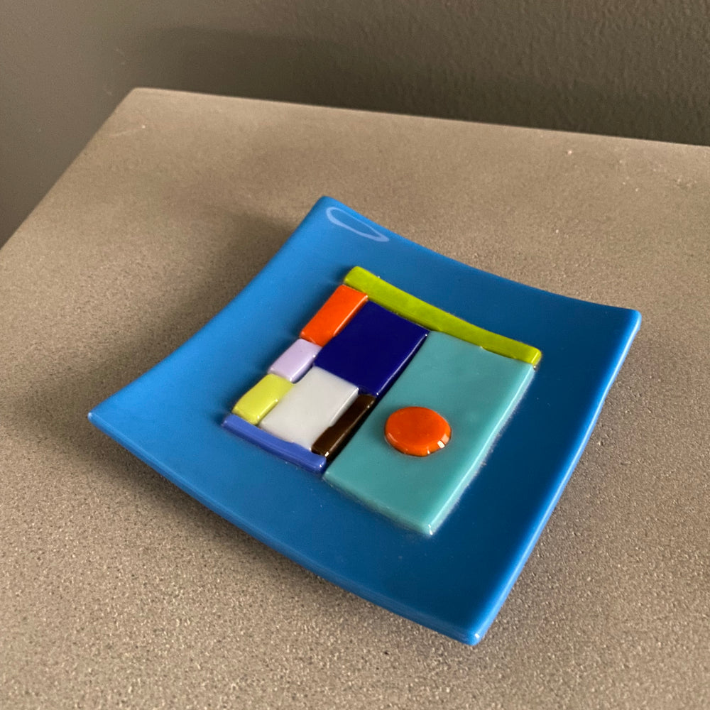 Little Blue Glass Tray orange circle