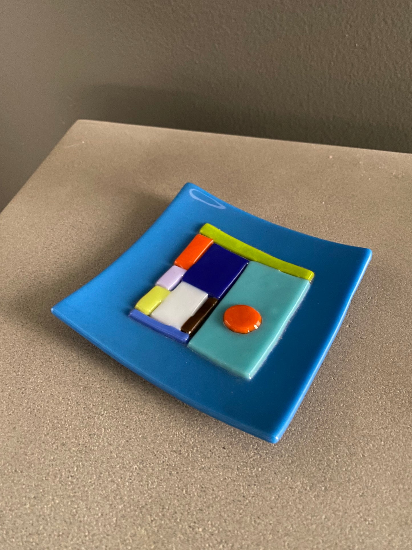 Little Blue Glass Tray orange circle